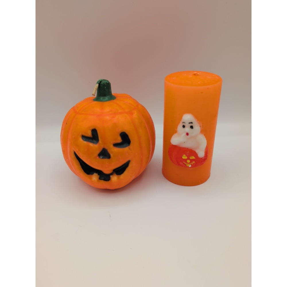 2 Vtg Halloween Candles Unburned Ghost Pumpkin 80s 90s Decor Spooky Orange Wax